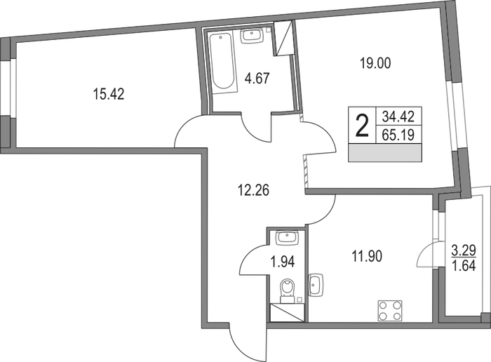 2-комнатная квартира 65.19 м², 3/16 эт., ЖК «Приморский квартал»